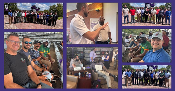 Collage of multiple images from the cohort's time during the DSIT classes against a dark purple background.